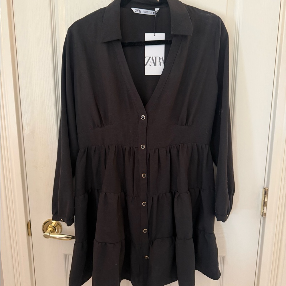 Zara Black Tiered Button Front Tunic Top